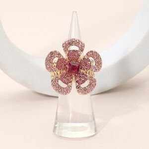 Pink Flower Stretch Rhinestone Fashion Statement Ring Finger Adjustable Gold